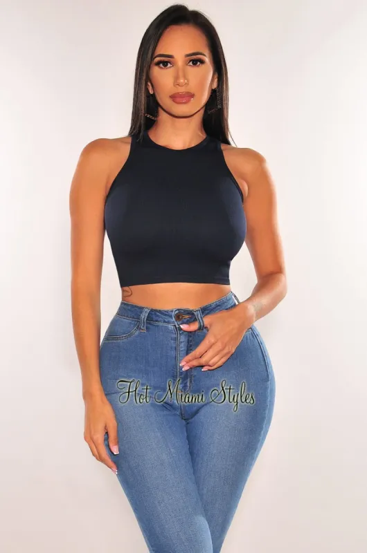 HMS ESSENTIAL: Navy Ribbed Seamless Sleeveless Crop Top sold by Hot Miami Styles