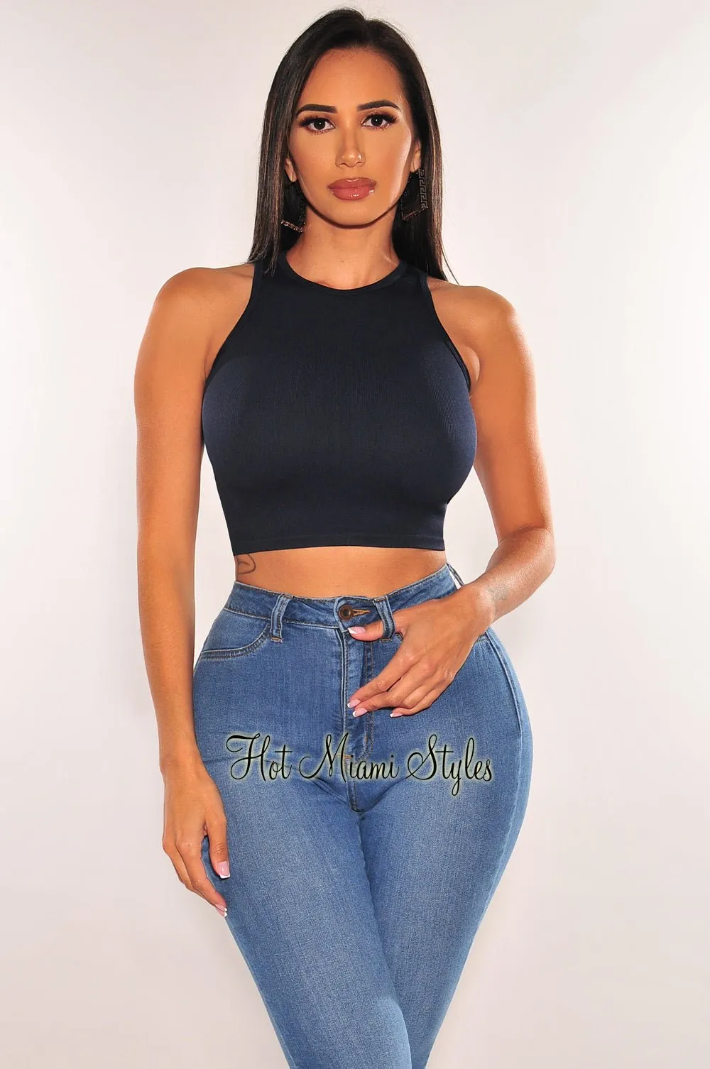 HMS ESSENTIAL: Navy Ribbed Seamless Sleeveless Crop Top sold by Hot Miami Styles