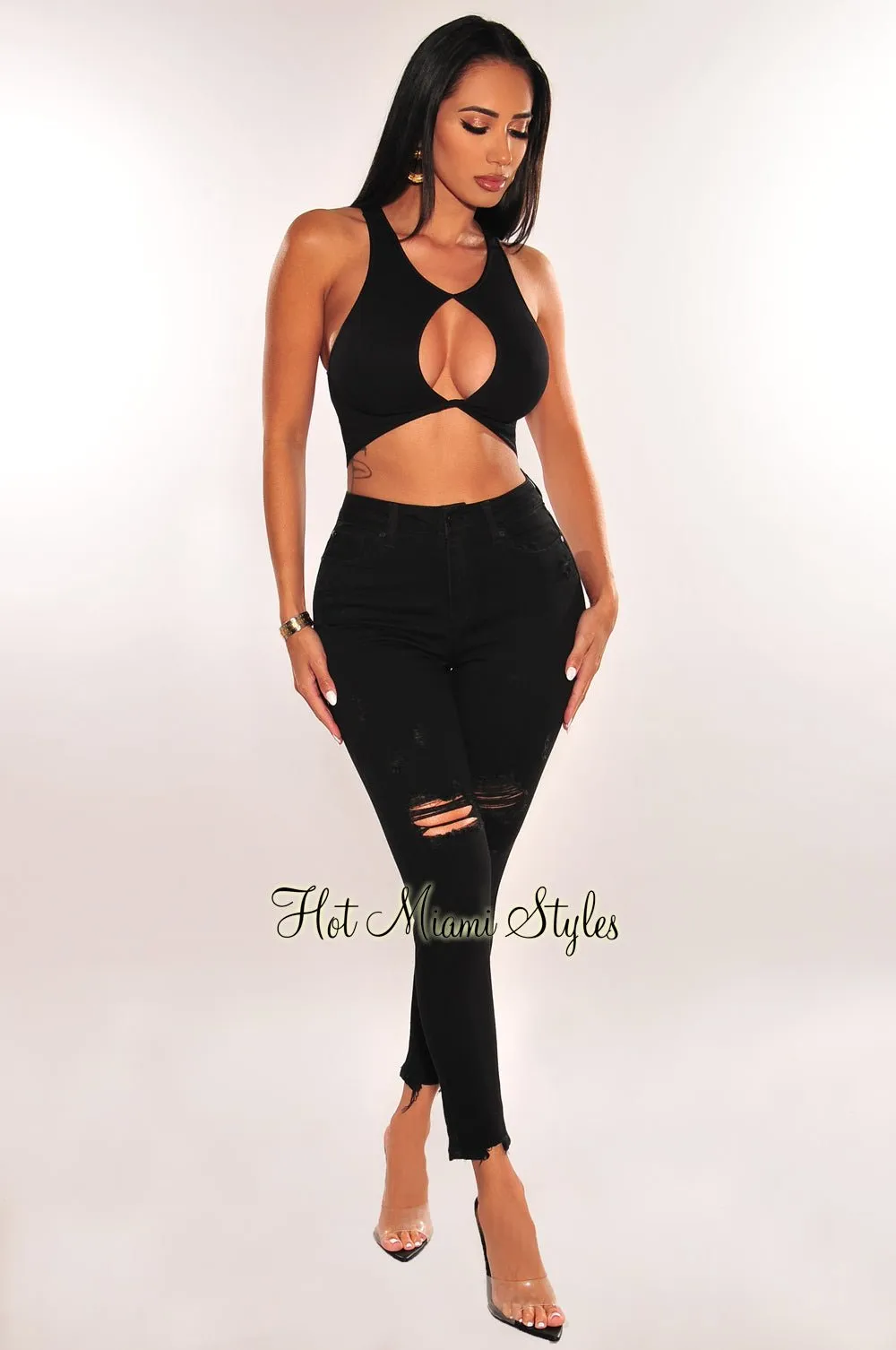 Black Denim High Waist Ripped Frayed Hem Skinny Jeans sold by Hot Miami Styles