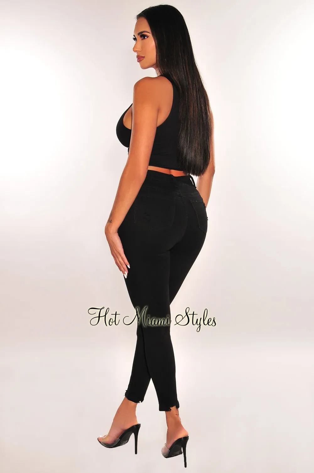 Black Denim High Waist Ripped Frayed Hem Skinny Jeans sold by Hot Miami Styles product image thumbnail 2