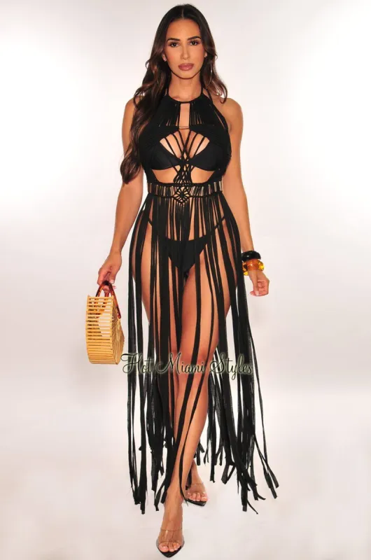 Black Halter Crochet Knit Fringe Open Back Tie Up Cover Up sold by Hot Miami Styles