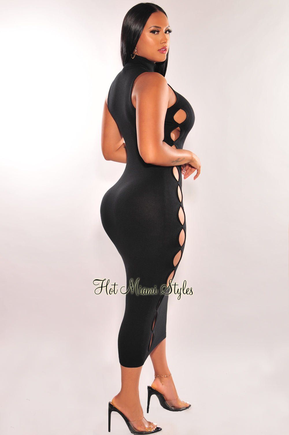 Black Turtle Neck Ribbed Knit Sleeveless Cut Out Midi Dress sold by Hot Miami Styles product image thumbnail 2