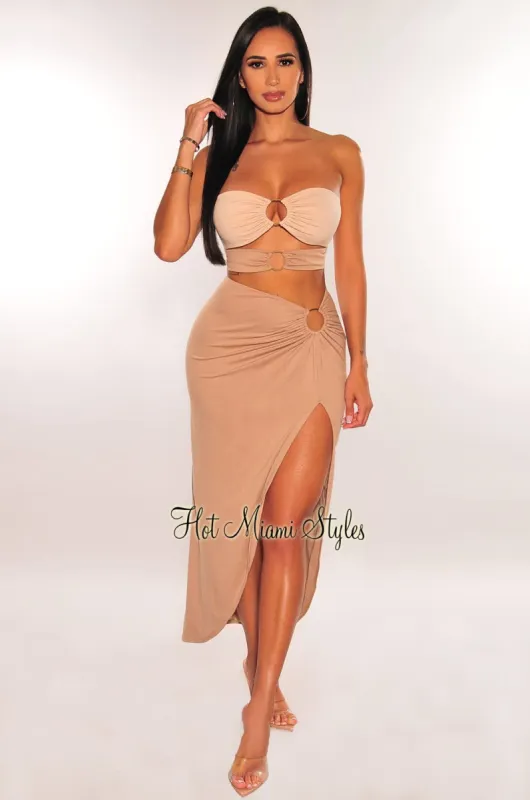 Nude Two Toned Strapless O Ring Cut Out Slit Skirt Two Piece Set sold by Hot Miami Styles