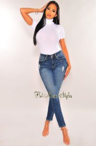 Dark Blue Denim Distressed Skinny Jeans sold by Hot Miami Styles