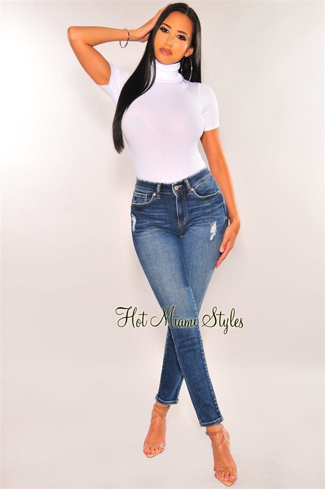 Dark Blue Denim Distressed Skinny Jeans sold by Hot Miami Styles product image thumbnail 2