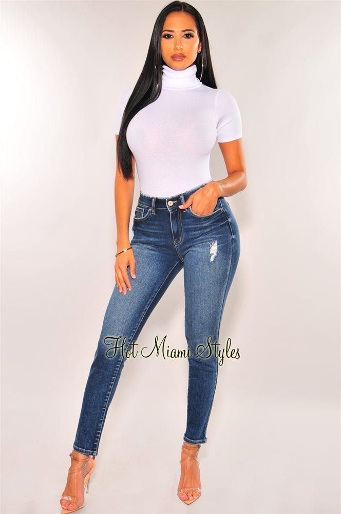 Dark Blue Denim Distressed Skinny Jeans sold by Hot Miami Styles