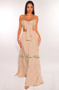 Sand Tie Up Tube Top Button Down Wide Leg Pants Two Piece Set sold by Hot Miami Styles