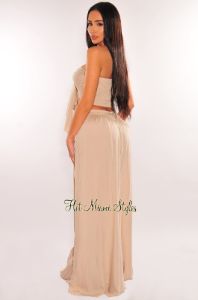 Sand Tie Up Tube Top Button Down Wide Leg Pants Two Piece Set sold by Hot Miami Styles
