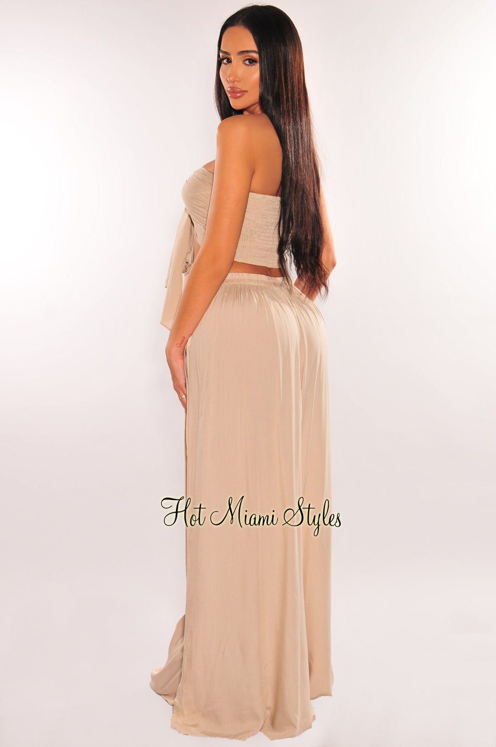 Sand Tie Up Tube Top Button Down Wide Leg Pants Two Piece Set sold by Hot Miami Styles product image thumbnail 2