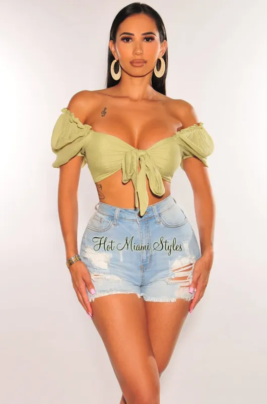 Apple Green Linen Puffed Sleeve Tie Up Smocked Crop Top sold by Hot Miami Styles
