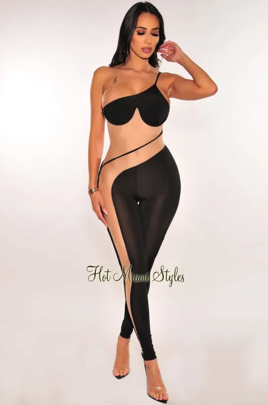 Black Nude Mesh One Shoulder Underwire Sheer Jumpsuit sold by Hot Miami Styles