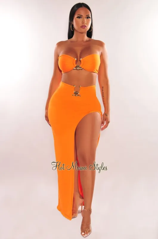 Tangerine Strapless Tie Up Gold Ring Slit Skirt Two Piece Set sold by Hot Miami Styles