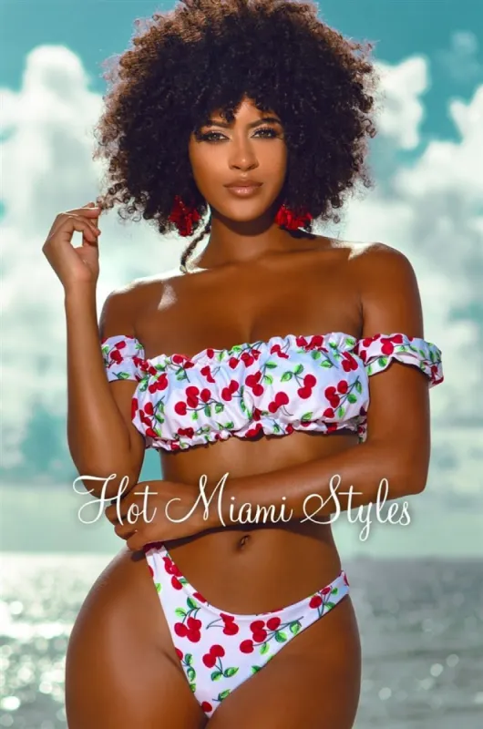 White Red Cherry Off Shoulder Ruffle Trim Bikini Bottom sold by Hot Miami Styles