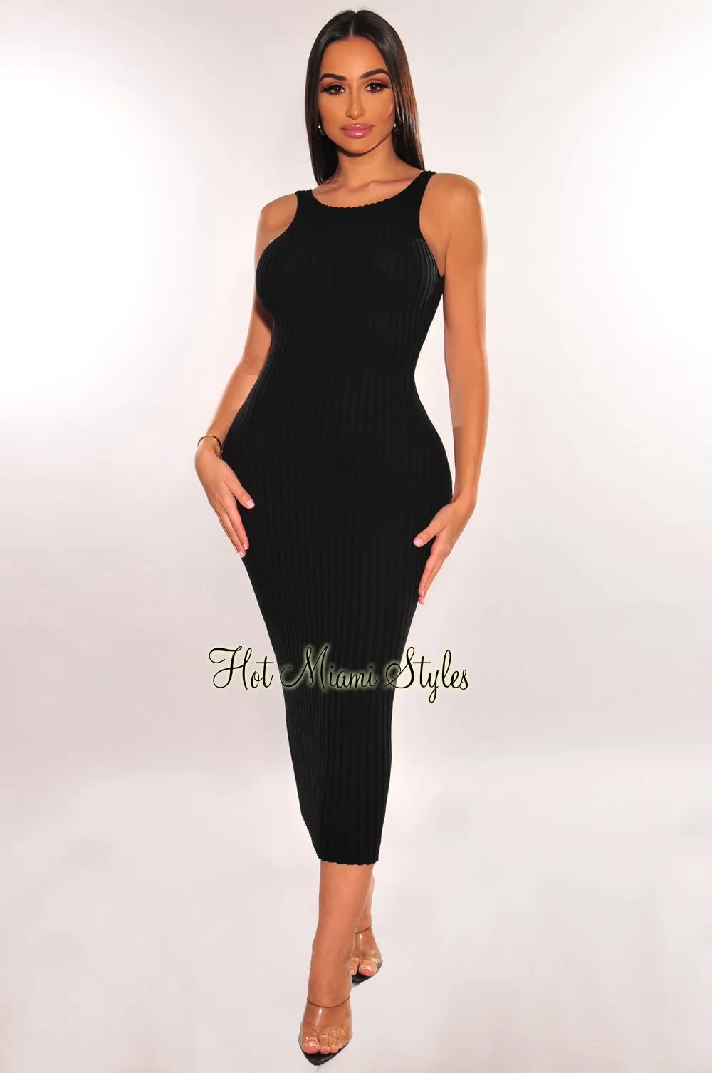 Black Ribbed Sleeveless Scoop Back Midi Dress sold by Hot Miami Styles product image thumbnail 2