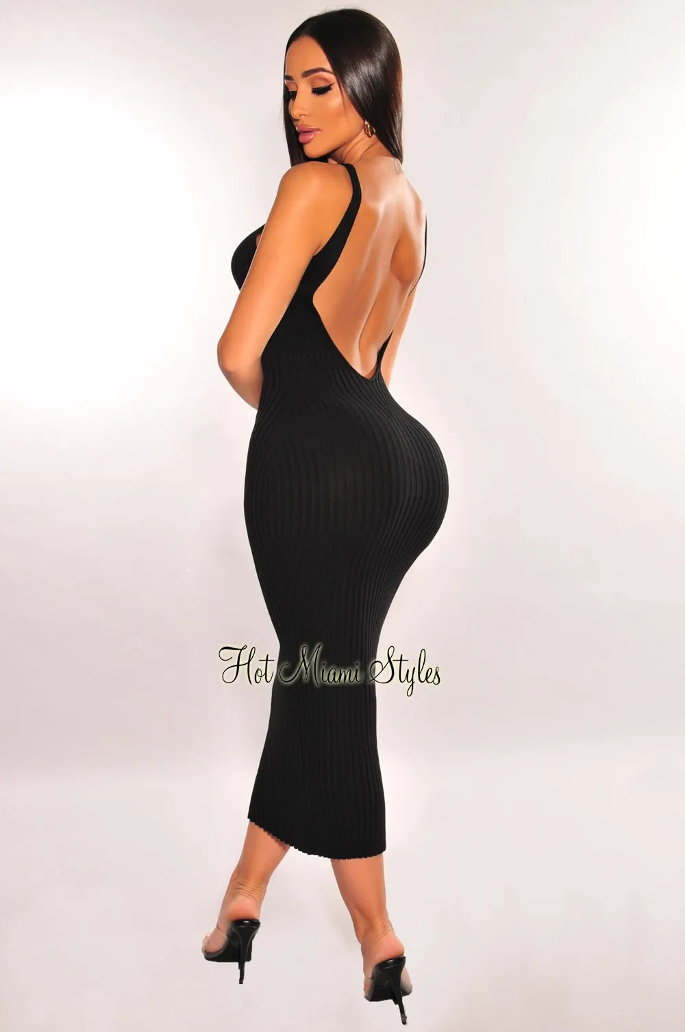 Black Ribbed Sleeveless Scoop Back Midi Dress sold by Hot Miami Styles