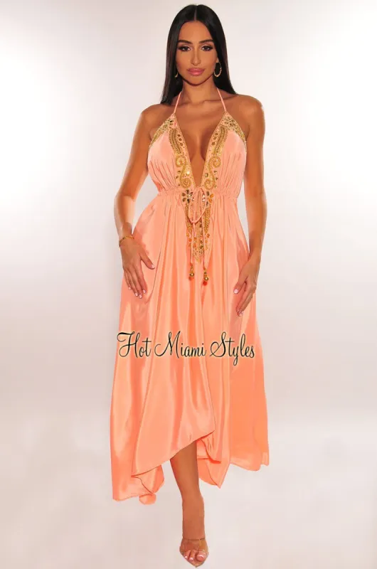 Peach Halter Rhinestone Drawstring Asymmetrical Hem Maxi Dress sold by Hot Miami Styles