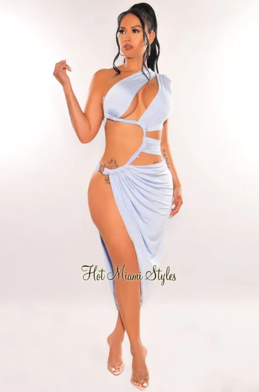 Iced Blue Silky One Shoulder Cut Out Drawstring Slit Dress sold by Hot Miami Styles
