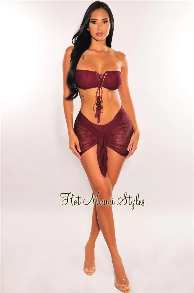 Wine Crochet Bandeau Lace Up Bikini Tie Up Skirt Three Piece Set Top sold by Hot Miami Styles product image thumbnail 5