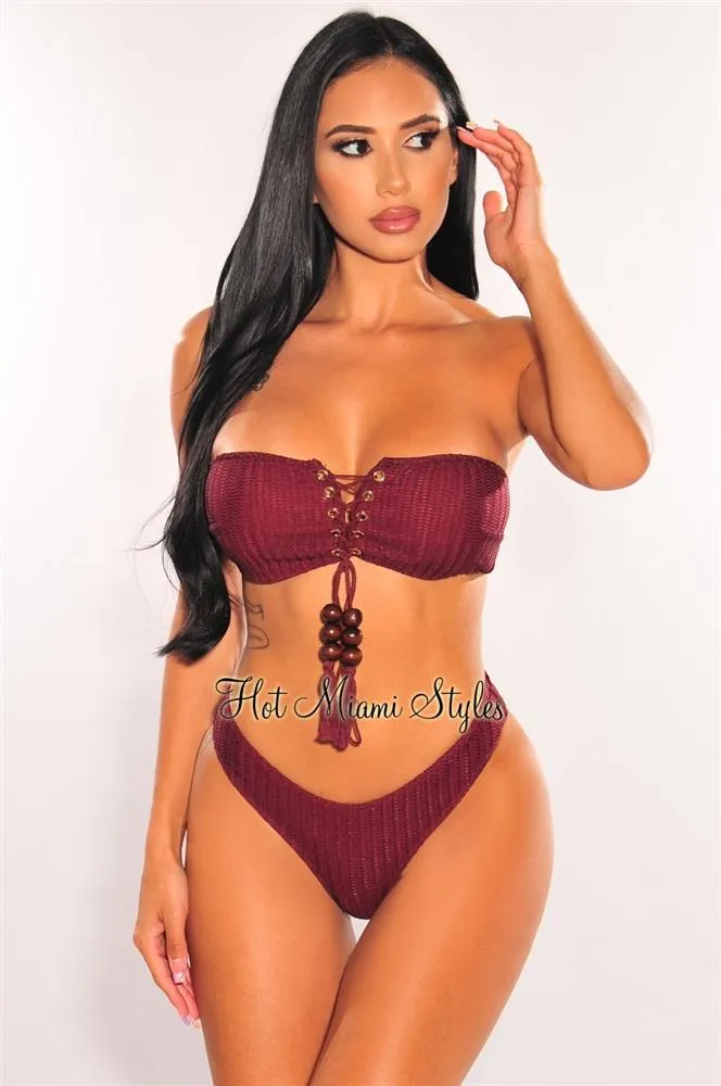 Wine Crochet Bandeau Lace Up Bikini Tie Up Skirt Three Piece Set Top sold by Hot Miami Styles product image thumbnail 3