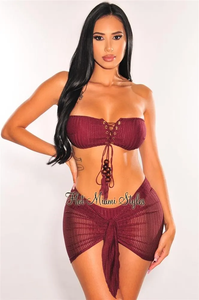 Wine Crochet Bandeau Lace Up Bikini Tie Up Skirt Three Piece Set Top sold by Hot Miami Styles