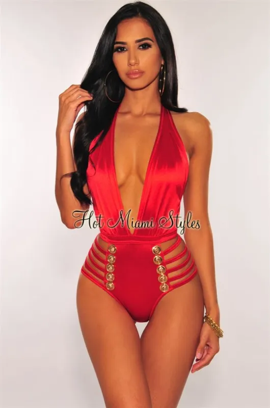 Red Halter Gold Button Strappy Sides Swimsuit sold by Hot Miami Styles