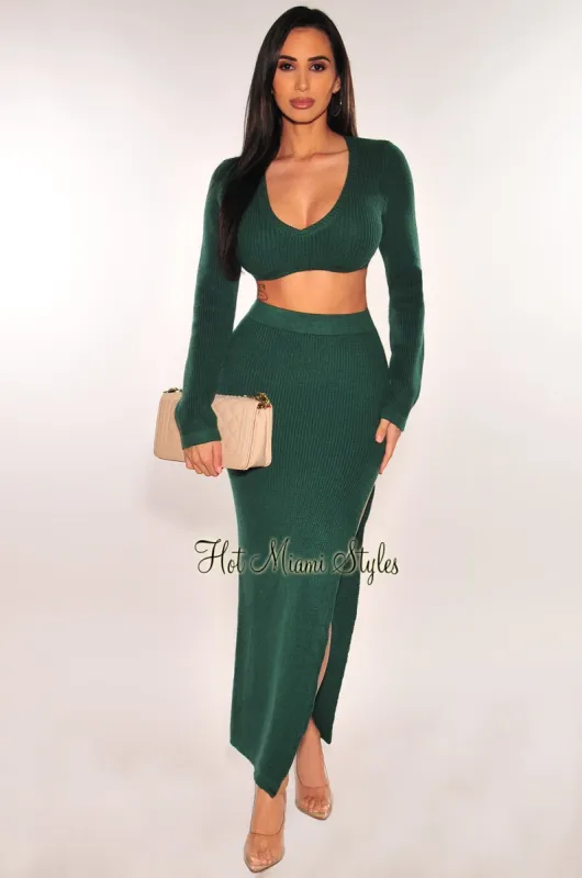Emerald Ribbed Knit Long Sleeve Slit Skirt Two Piece Set sold by Hot Miami Styles