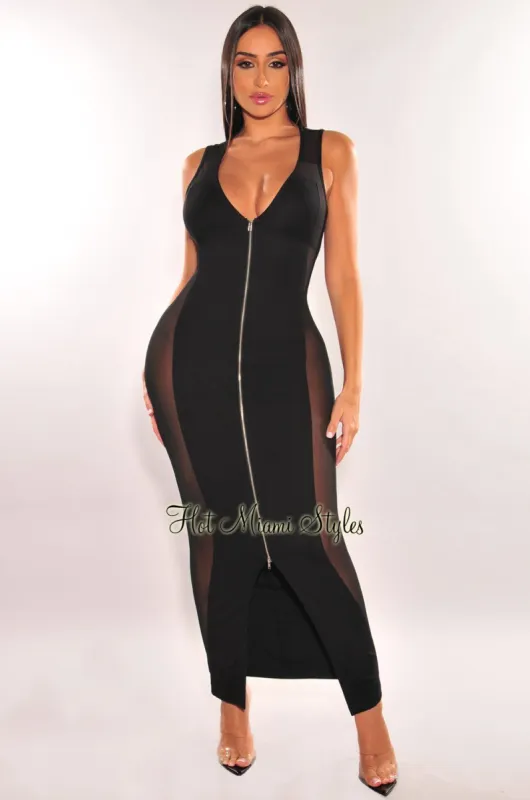 Black V Neck Zipper Sleeveless Mesh Sides Maxi Dress sold by Hot Miami Styles