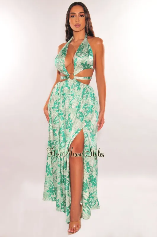 Green Floral Print Halter O-Ring Belted Cut Out Slit Maxi Dress sold by Hot Miami Styles