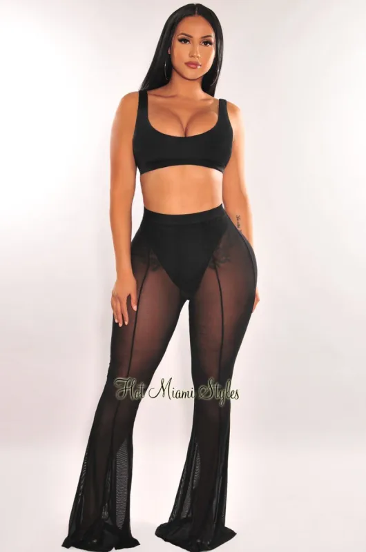 Black Mesh Sheer High Waist Flare Cover Up Pants sold by Hot Miami Styles