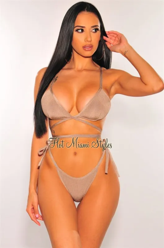 Taupe Ribbed Knit Tie Up Wrap Around Bikini sold by Hot Miami Styles