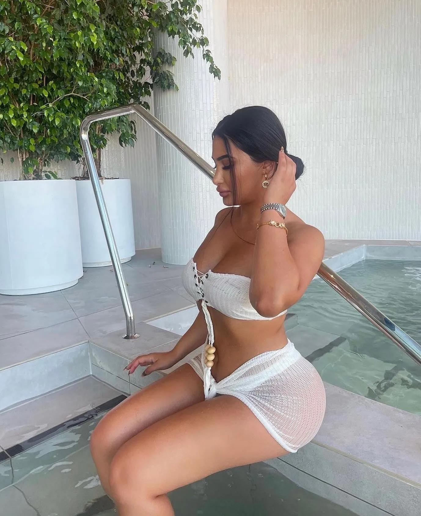 White Crochet Bandeau Lace Up Bikini Tie Up Skirt Three Piece Set sold by Hot Miami Styles product image thumbnail 5