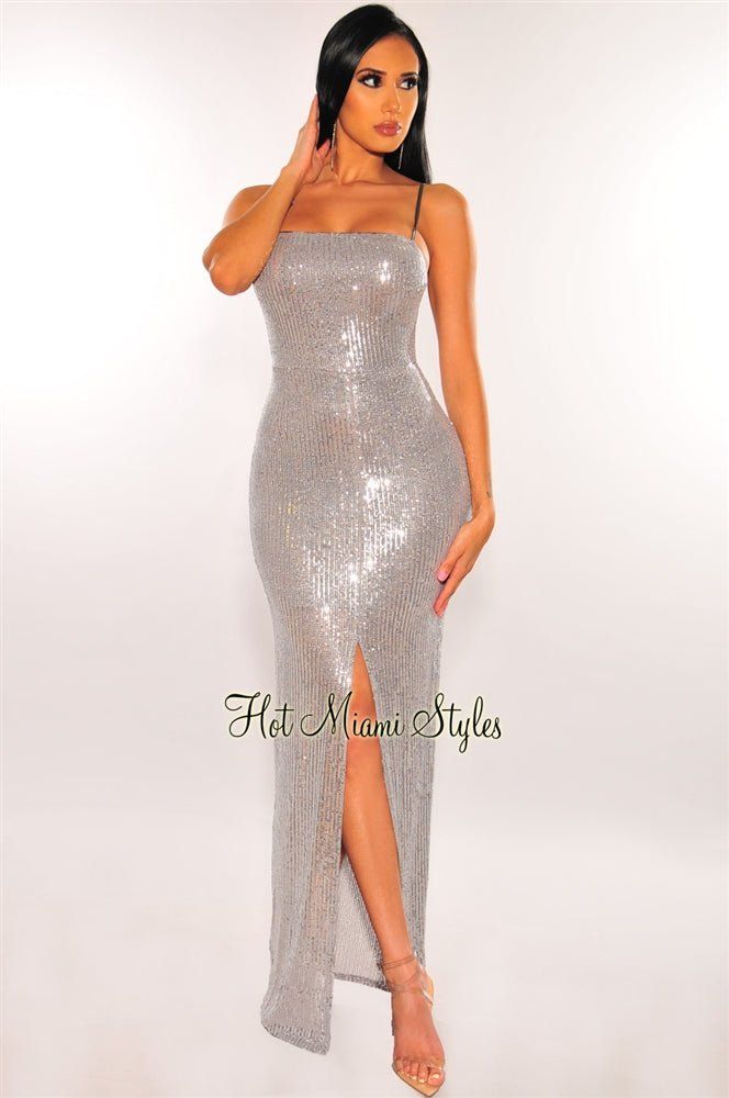 Silver Sequins Tie Up Back Slit Maxi Dress sold by Hot Miami Styles