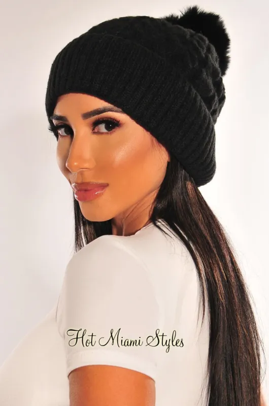 Black Cable Knit Pom Beanie sold by Hot Miami Styles