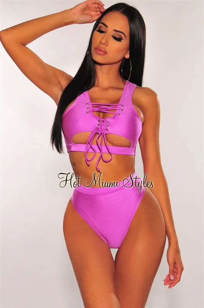 Orchid Lace Up Underboob High Waist Bikini Top sold by Hot Miami Styles
