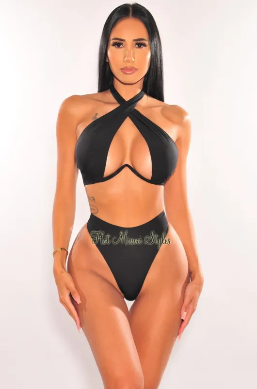 Black Halter Underwire CrissCross Tie Up Scrunch Butt Bikini sold by Hot Miami Styles
