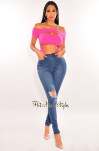 Hot Pink Off Shoulder Short Sleeve Cut Out Double Lined Bodysuit sold by Hot Miami Styles