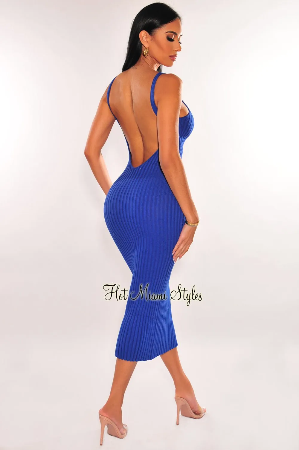 Royal Blue Ribbed Sleeveless Scoop Back Midi Dress sold by Hot Miami Styles