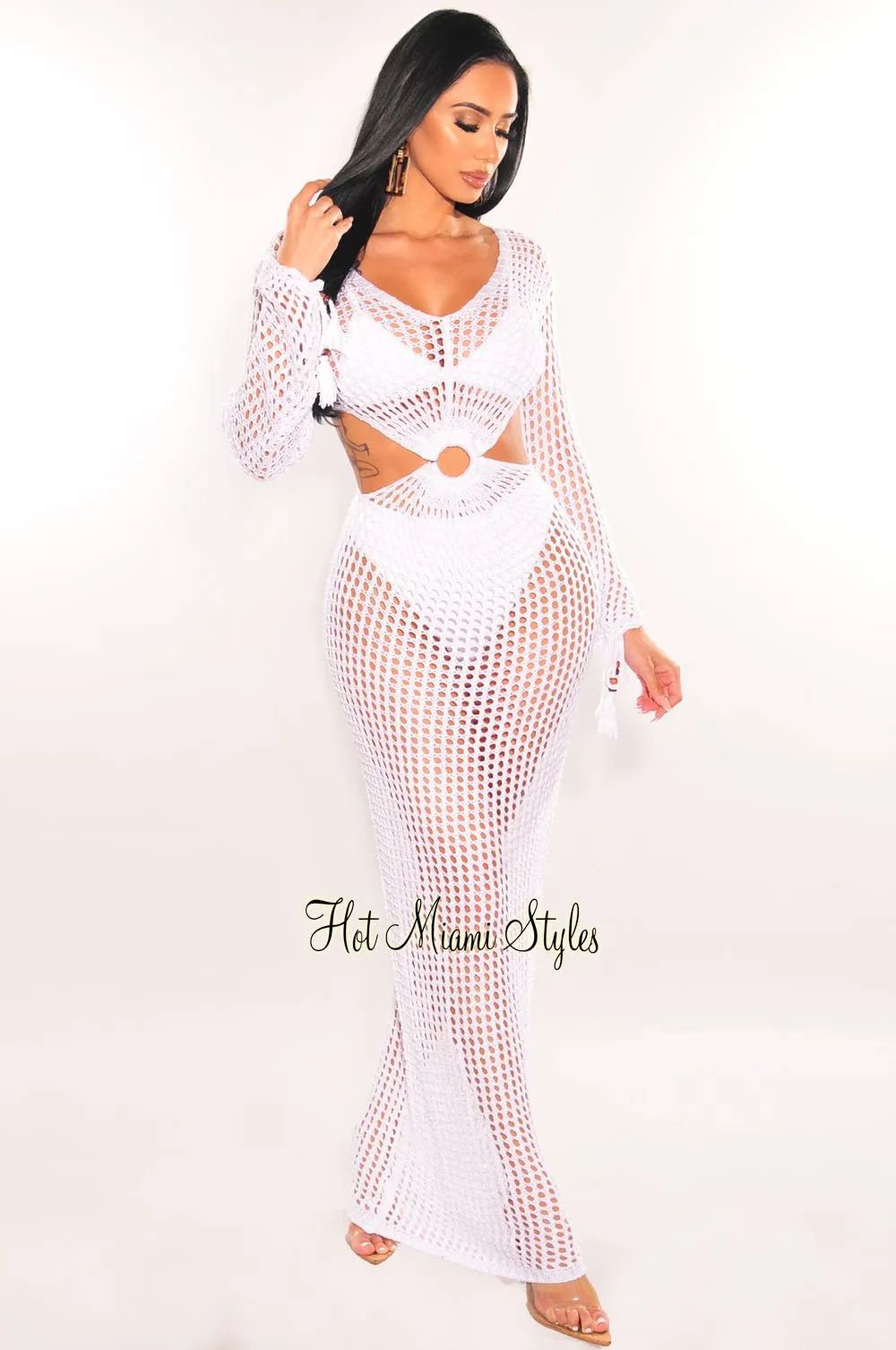 White Crochet Long Sleeve Cut Out O-Ring Maxi Cover Up Dress sold by Hot Miami Styles
