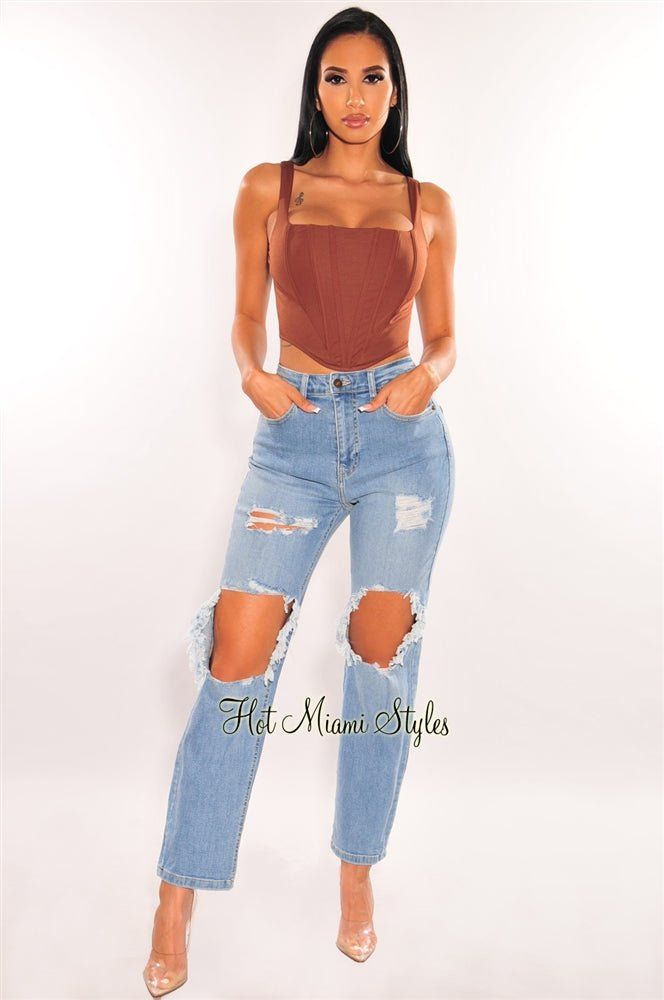 Light Denim Ripped High Waist Boyfriend Jeans sold by Hot Miami Styles