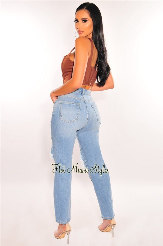 Light Denim Ripped High Waist Boyfriend Jeans sold by Hot Miami Styles product image thumbnail 2