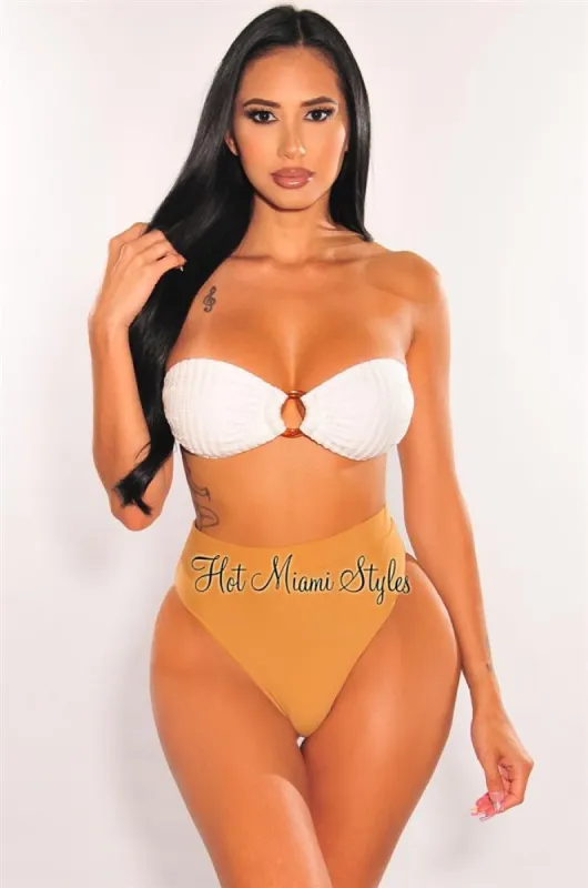 White Caramel Crochet Bandeau O-Ring High Cut Bikini Top sold by Hot Miami Styles