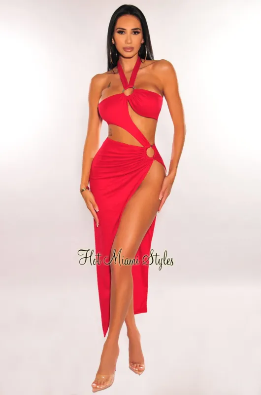 Red Halter O-Ring Cut Out Strap Slit Dress sold by Hot Miami Styles