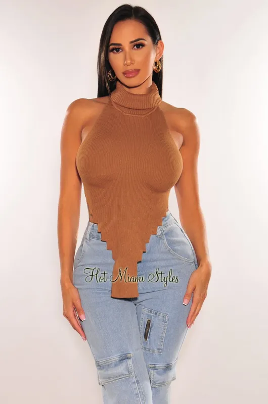 Mocha Ribbed Knit TurtleNeck Sleeveless Asymmetrical Crop Top sold by Hot Miami Styles