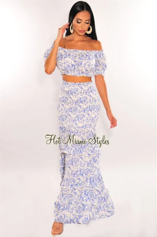 Blue Floral Print Off Shoulder Smocked Maxi Skirt Two Piece Set sold by Hot Miami Styles