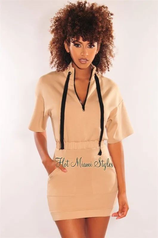 Nude Mock Neck Zipper Short Sleeves Dress sold by Hot Miami Styles