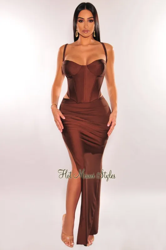 Chocolate Spaghetti Strap Padded Boned Corset Ruched Slit Skirt Two Piece Set sold by Hot Miami Styles