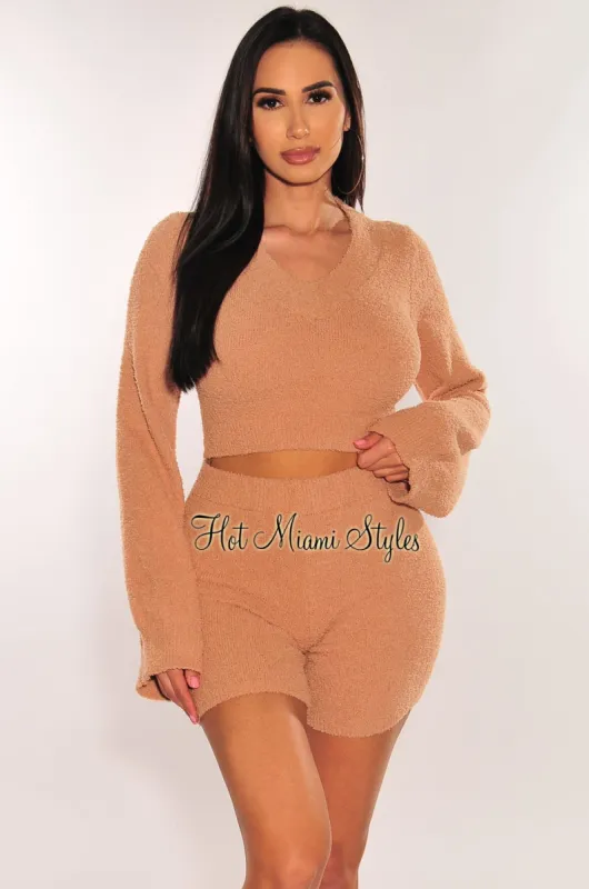 HMS Lounge: Mocha Fuzzy Bell Sleeves Biker Shorts Two Piece Set sold by Hot Miami Styles