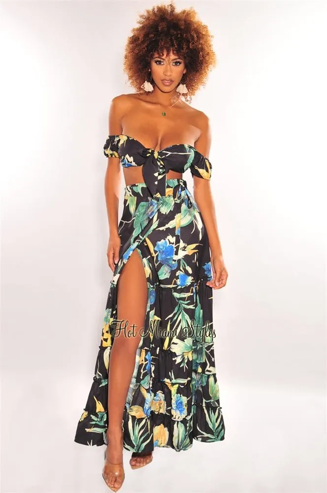 Black Floral Print Tie Up Tiered Maxi Skirt Two Piece Set sold by Hot Miami Styles
