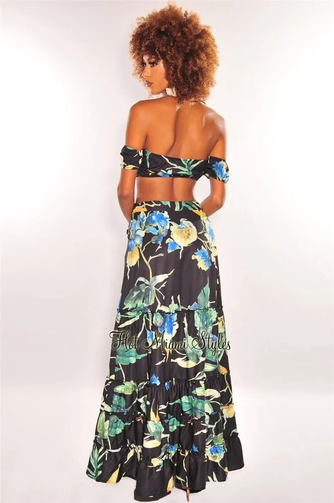 Black Floral Print Tie Up Tiered Maxi Skirt Two Piece Set sold by Hot Miami Styles product image thumbnail 2