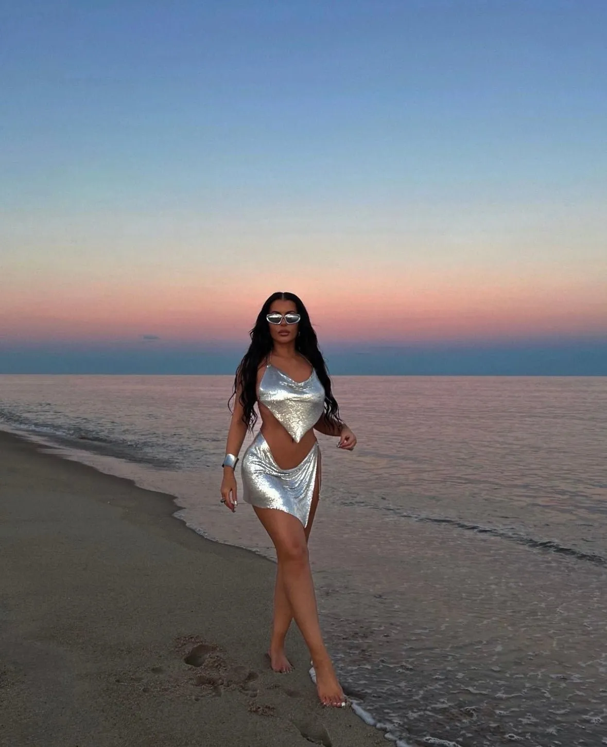 Silver Metallic Chainmail Halter V Hem Crop Top sold by Hot Miami Styles product image thumbnail 5